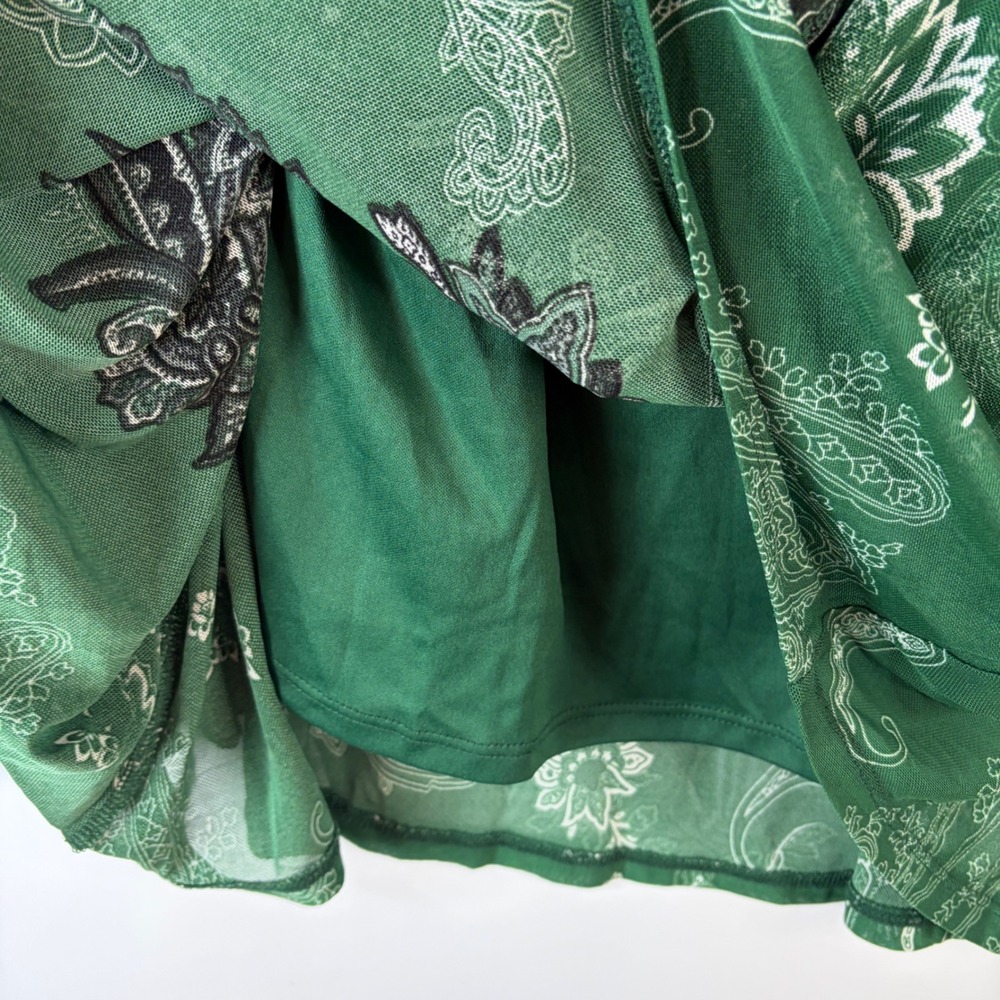 Cato Blouse Womens 18/20W Green Paisley Tie Neck Tiered Bell Sleeve Mesh Overlay - Picture 5 of 10
